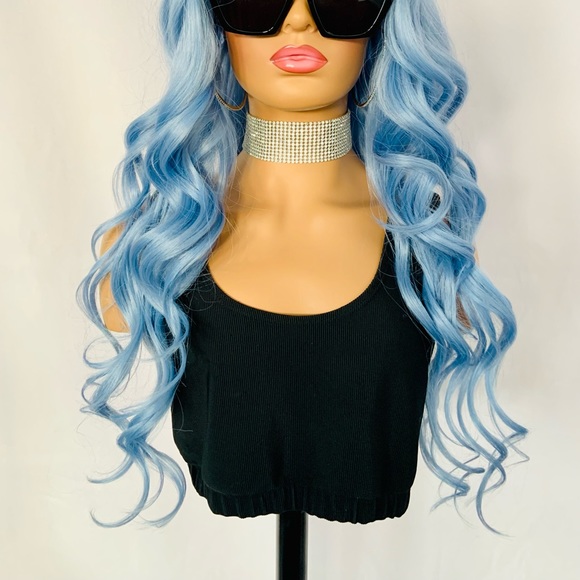 Very Pretty 28” Powder Blue Glueless Lace Front Premium Fiber Wig - Picture 8 of 12